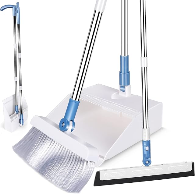 MASTERTOP Dustpan and Brush Set, Long Handled Dustpan Comb/Extra Floor Squeegee/180 Degree Rotating Broom, Upright Sweeping Broom for Outdoor & Indoor