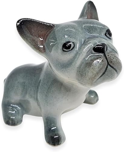 ChangThai Design Pequeña figura de bulldog francés gris de 2 pulgadas de largo, hecha a mano, pintada a mano, de cerámica, cachorro, cachorro,