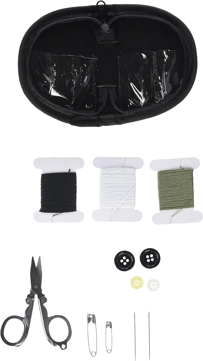 Set Da Cucito Da Viaggio In Custodia - Mini Kit Con Forbici, Filo, Aghi, Bottoni - Per Campeggio, Vacanze, Emergenze - Colore Mimetico + Adesivo Portafortuna - 4