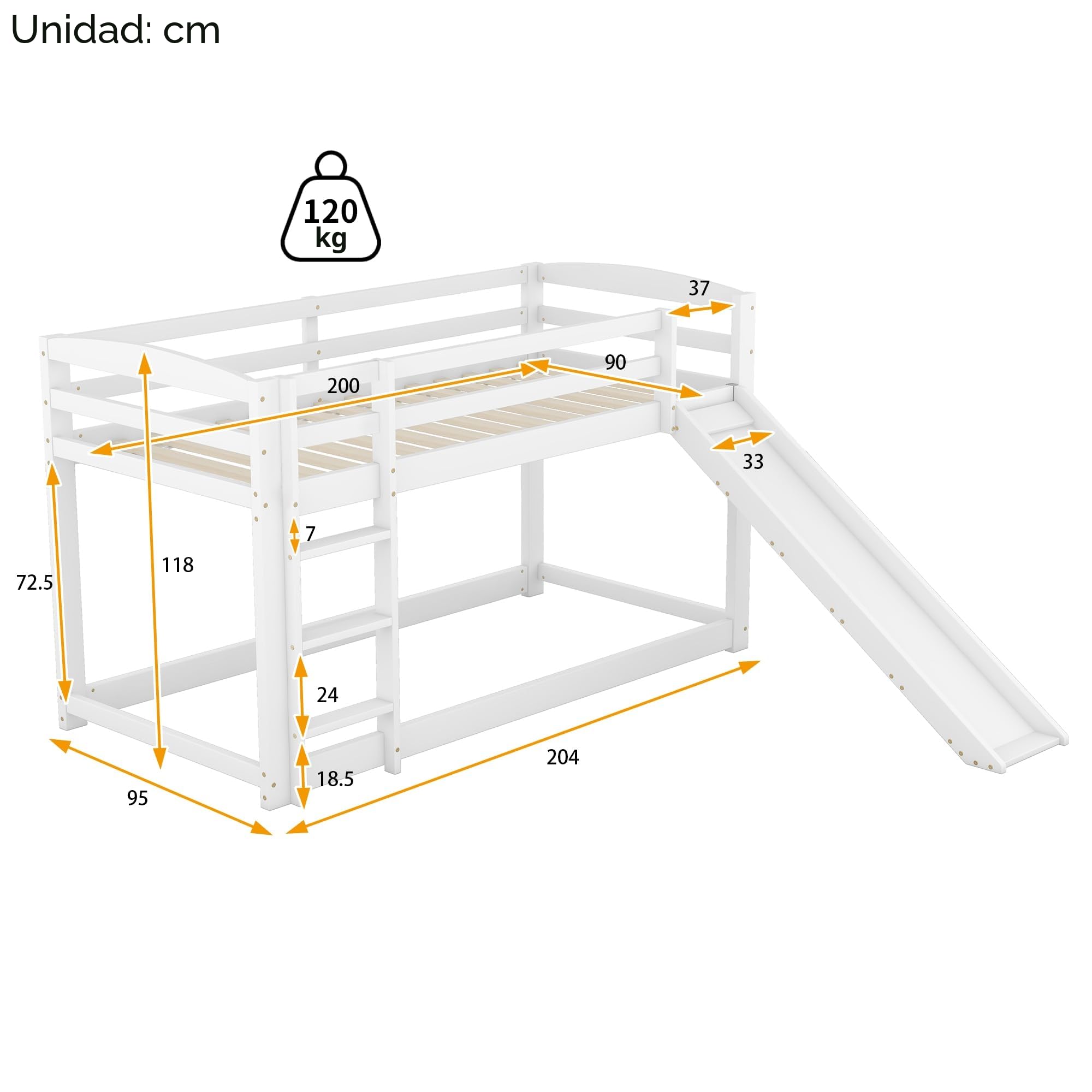 Cama infantil de 90 x 200 cm, litera para jóvenes y adolescentes, cama de madera con tobogán, marco de madera maciza, fácil montaje (blanco)