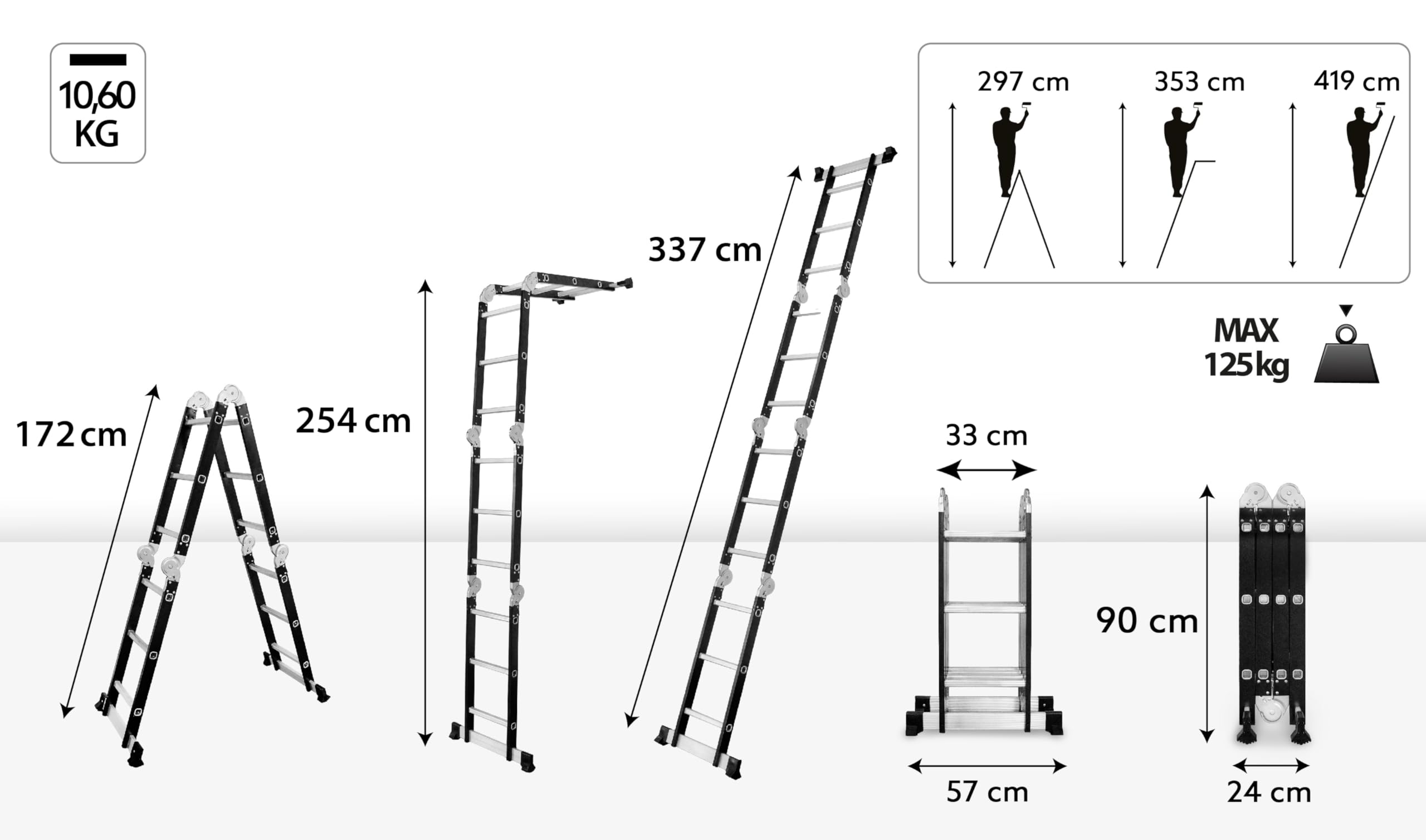 DRABEST Scala Pieghevole Universale Multifunzionale Articolata 4x3 Gradini – Costruzione Solida – Alluminio + Acciaio – Carico Massimo 125kg – 0,32x0,98x0,25m