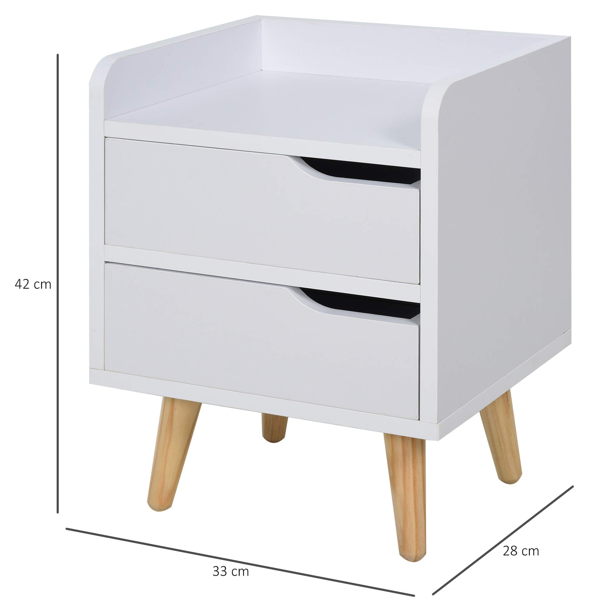 HOMCOM Mesa de Noche Multiusos Mesita Auxiliar para Sala de Estar o Dormitorio con 2 Cajones Espaciosos Patas Elevadas de Pino Diseño Moderno 33x28x42 cm Blanco