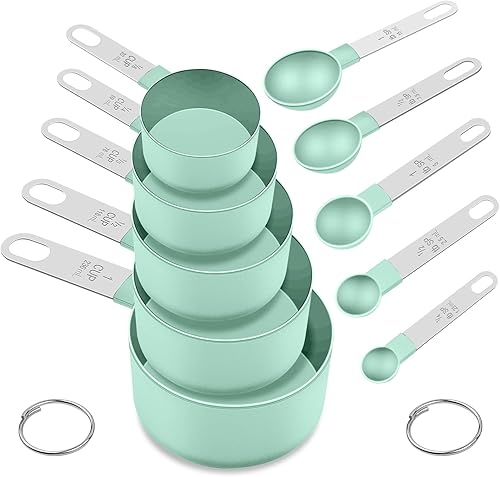 Miniatura 8 de Juego de tazas y cucharas medidoras, 10 piezas de herramientas de medición anidables, accesorios esenciales de cocina con mango de acero inoxidable