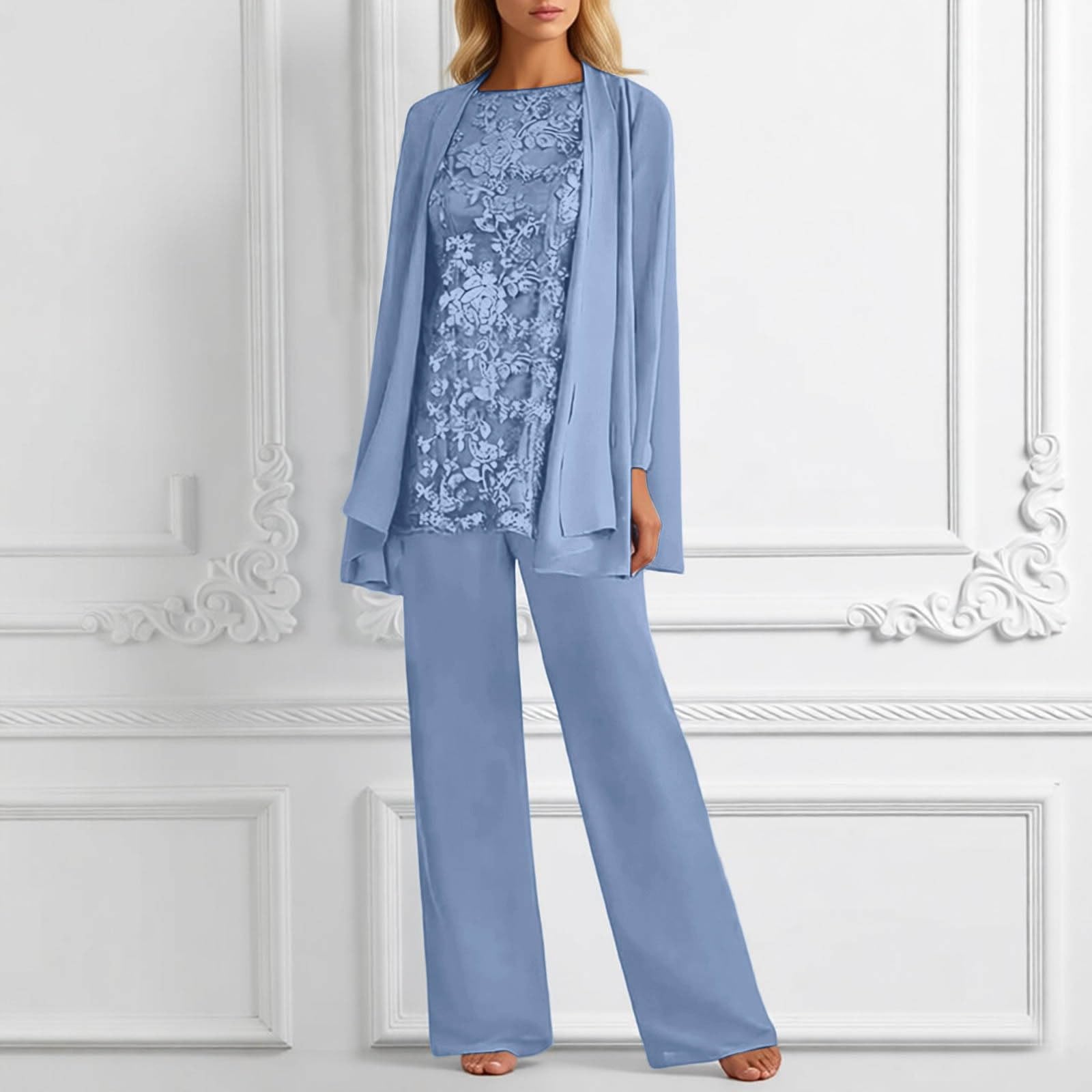 Generico Completo Tre Pezzi Donna Taglie Forti Pantaloni Lunghi In Pizzo E Seta Fiorata Maniche Lunghe Per Invitati Di Matrimonio Ed Eventi