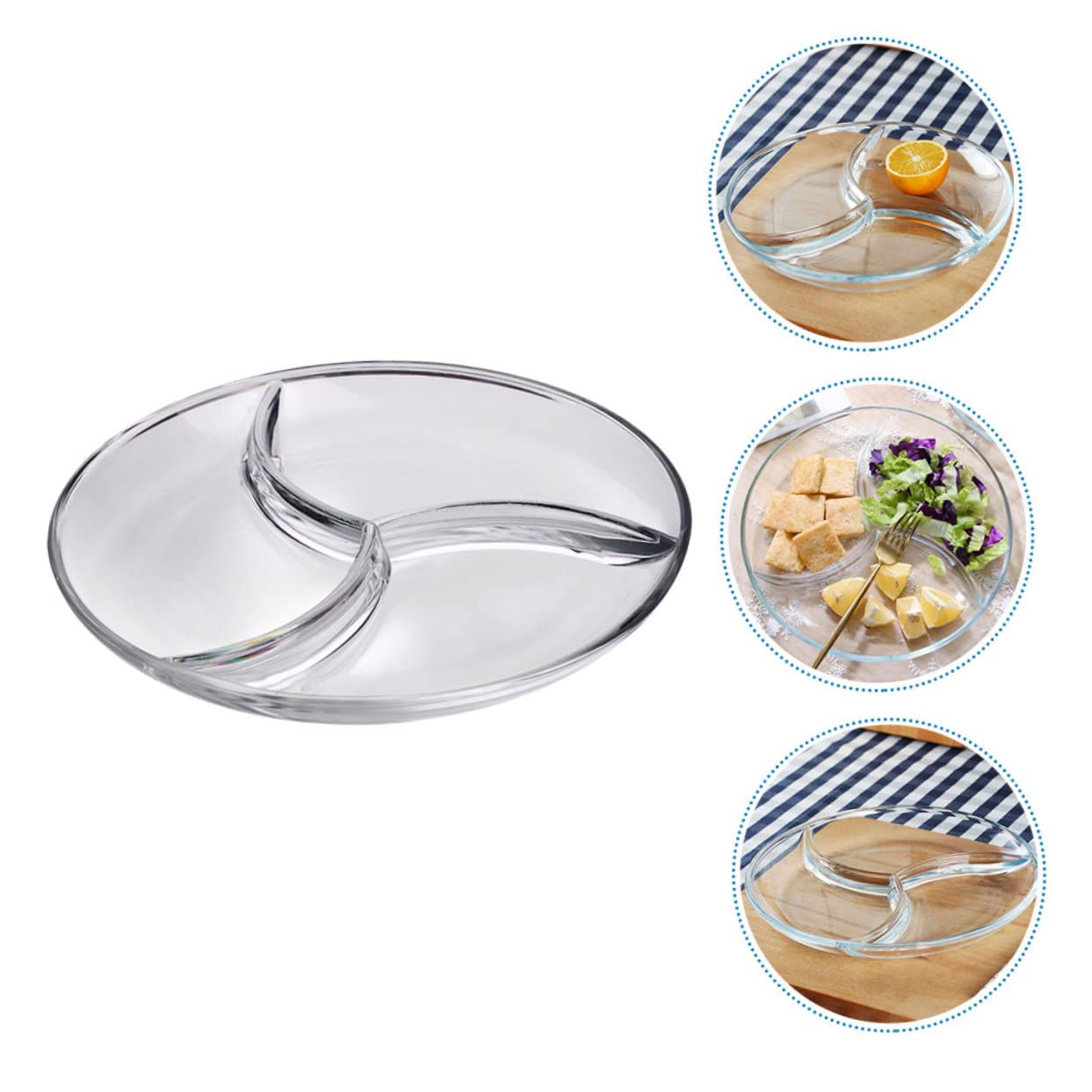 Assiette Compartimentée en Verre Trempé Transparent à 3 Compartiments, Plateau de Service Pratique Cuisine et Hôtels