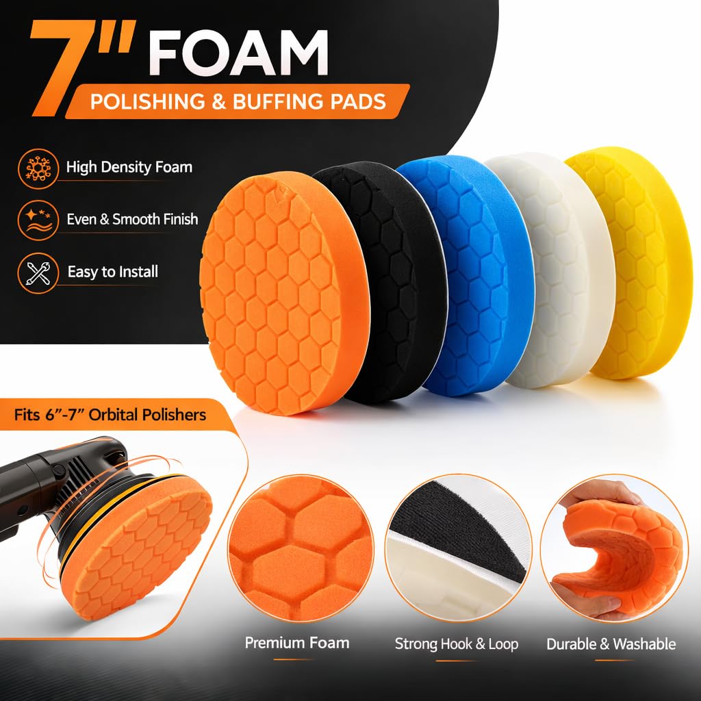 Foam Polishing Pads for DA Polisher, Car Buffing Pads for Scratch & Swirl Removal, Hook and Loop Polishing Pads 7 Inch, Heavy Cut to Finish Paint Correction Kit