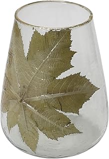 Creative Co-Op Handblown Glass Hurricane with Embedded Papaya Leaves and Gold Foil Edge, Clear, 8