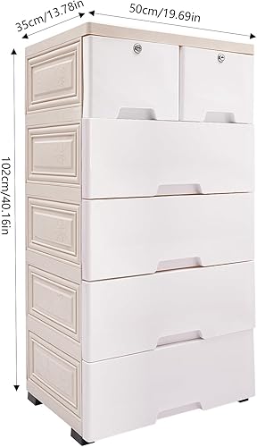Miniatura 2 de Cajones de plástico de 5 niveles, torre de almacenamiento vertical con 6 cajones, cajones apilables para armario, organizador alto con ruedas y