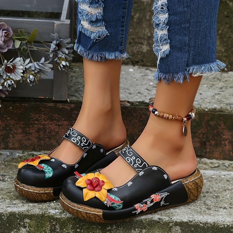 Women's Tribal Flower Platform Mules - Closed Toe Wedge Slides Sandals3