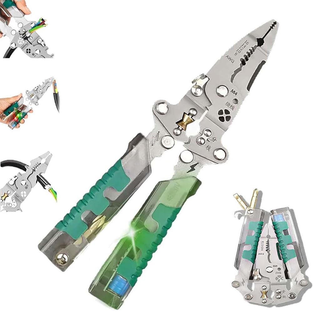 Uoaesr B 5-In-1 Electrical Pliers - Folding Wire Stripper Tool With Voltage Tester | Crimping, Cutting, Screwdriving | Foldable Design For Electricians, Folding Stylus Screwdriver Wire Stripper (B)