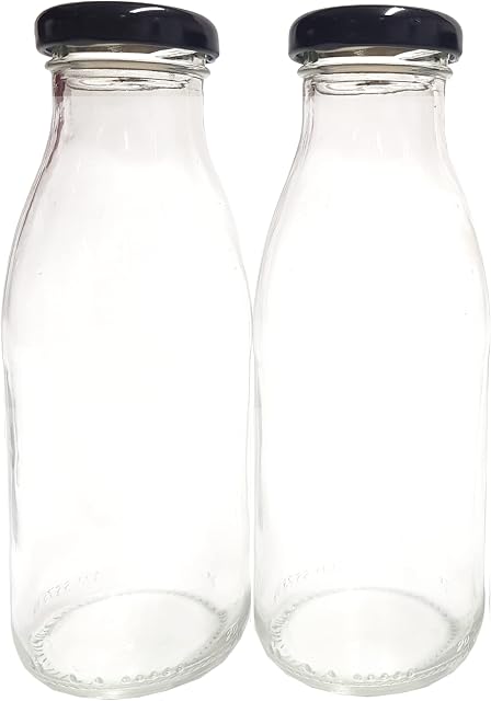 Britten & James 500ml Retro Glass Milk Bottles with Black Lids (Pack of 2). For Homemade Milk and Yoghurts, Decoration and Weddings