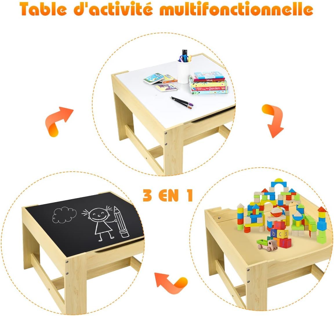COSTWAY Table Enfant avec Chaise, Petite Table avec Tableau Amovible à 2 Faces et 2 Boîtes, Bureau Enfant avec Rangement Taille Compacte pour Chambre, École