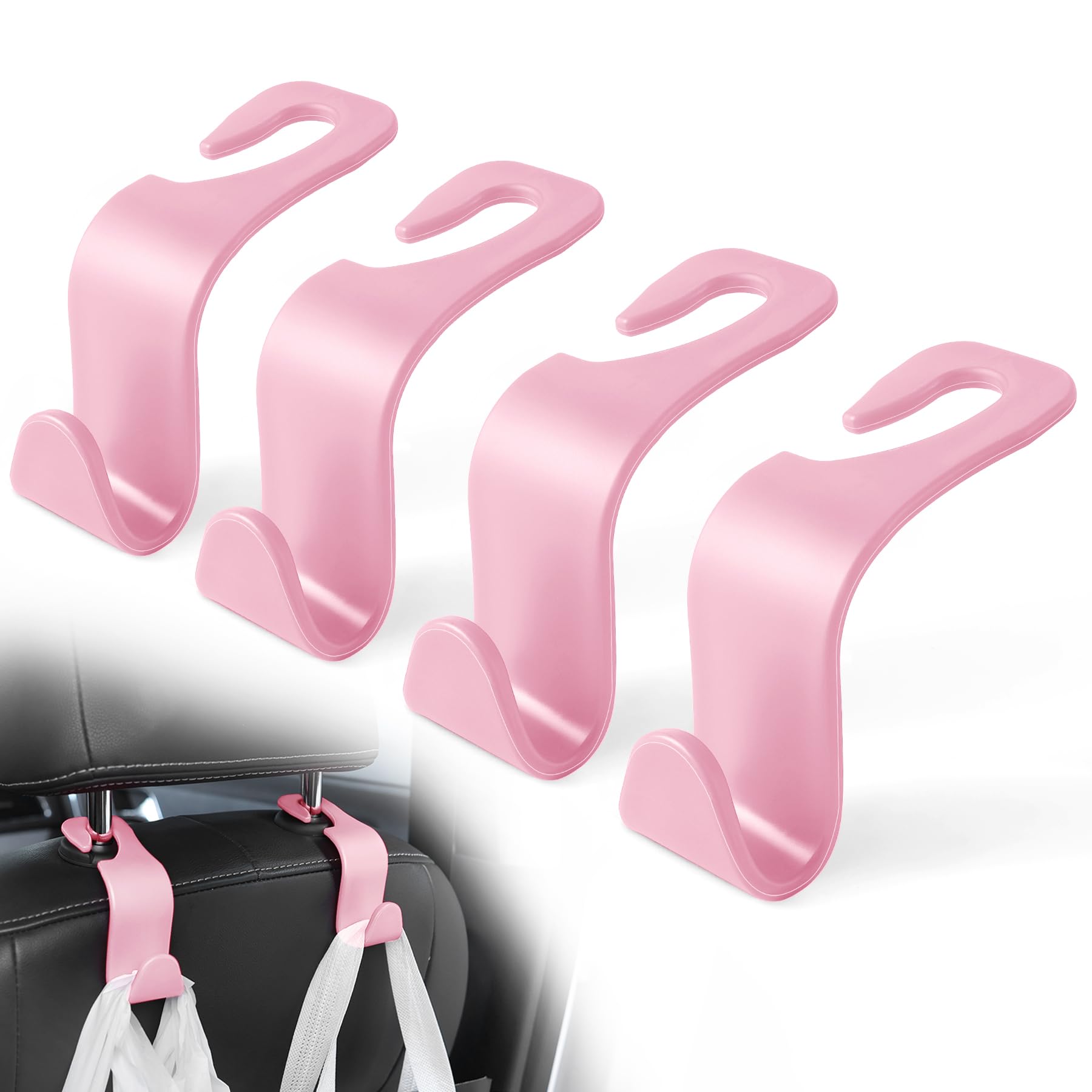 LivTee Car Seat Headrest Hook, Auto Seat Hook Hangers Storage Organizer Interior Accessories for Purse Coats Umbrellas Grocery Bags Handbag, 4-Pack - Pink