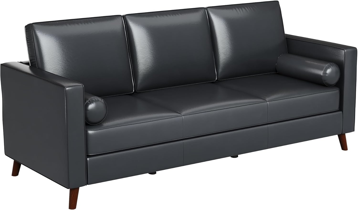 IDEALHOUSE 86" Mid Century Modern Faux Leather Sofa, Deep Seat 3 Seater Couch with Upholstered Cushions & Removable Covers, Modern Living Room Sofa for Apartment, Office, Black