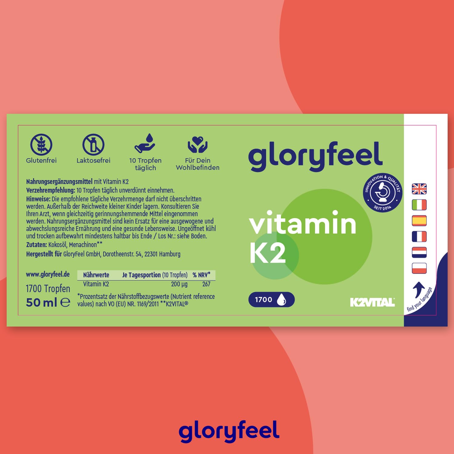 Vitamin K2 Tropfen - 200µg (50ml) MK7 K2VITAL® - All-Trans Gehalt 99,7+% - Vegan, laborgeprüft, ohne Zusätze in Deutschland hergestellt