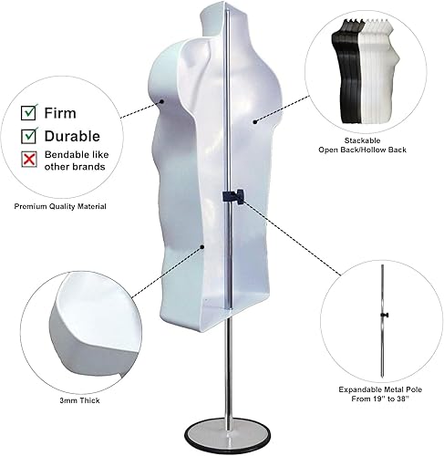 Miniatura 2 de DisplayTown - Juego de torso de maniquí blanco para hombre y mujer, con forma de vestido con espalda hueca, con clips para ropa, soporte de metal