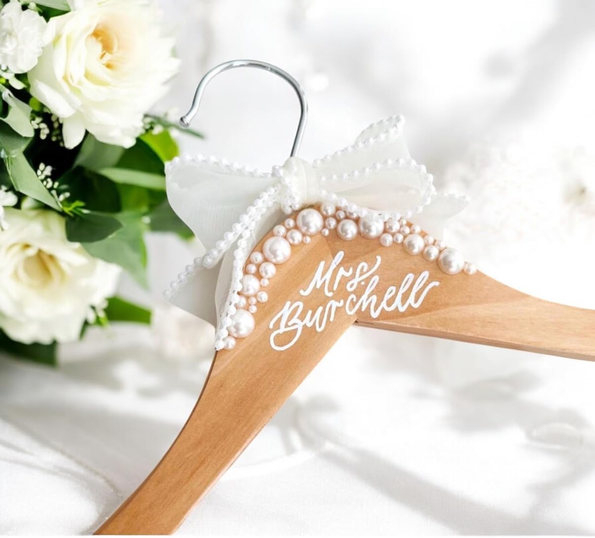 Personalised Deluxe Bridal Hanger with Pearl Embellishments, Wooden Wedding Dress Hanger with White Bow
