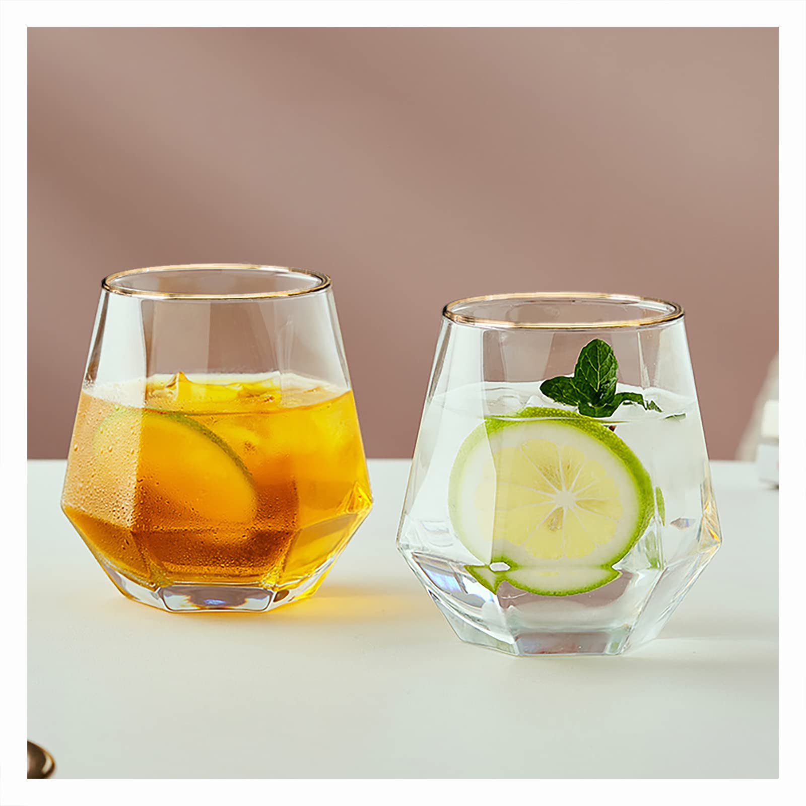 XKXKKE Diamant-Weingläser, 6 Stück, 284 ml, moderne Stiellose Glasbecher mit Goldrand, klare Trinkgläser zum Servieren von Partys, Zuhause, Bar, Restaurants, transparent, 6 Stück