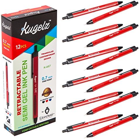 Retractable Semi Gel Pen Set | Long Lasting Red Tint Writing Pens – Precise, Quick Dry, Slim, Ergonomic Use – Best for Office, School– 0.7 mm Fine Point + Bulk Pack of 12