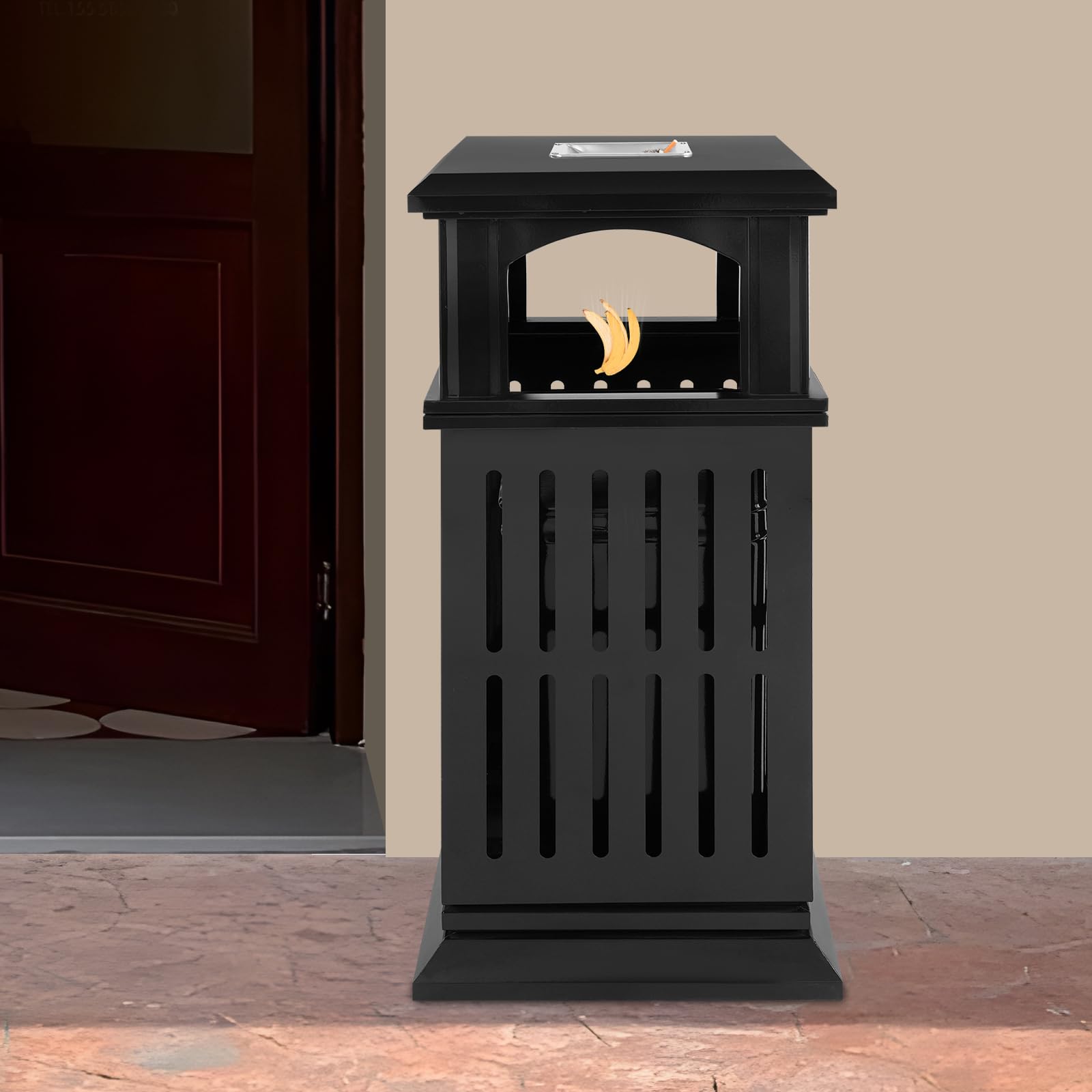 REHOUPTU Trash Garbage Can for Indoor & Outdoor, Commercial Industrial Trash Can Waste Container w/Locking Lid Open Top Inside 15.8 * 15.8 * 35.5In (Black)
