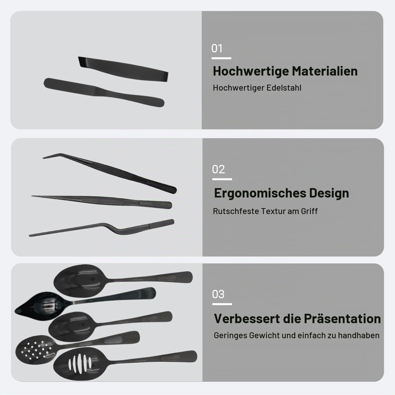 Professionelle Kochutensilien | Anrichtungswerkzeuge Kochset | Einzelteil-Kochwerkzeugset | Hochwertiges Kochwerkzeugset aus Edelstahl | Küchenpinzetten & Pfannenwender und Schaumlöffel (10)