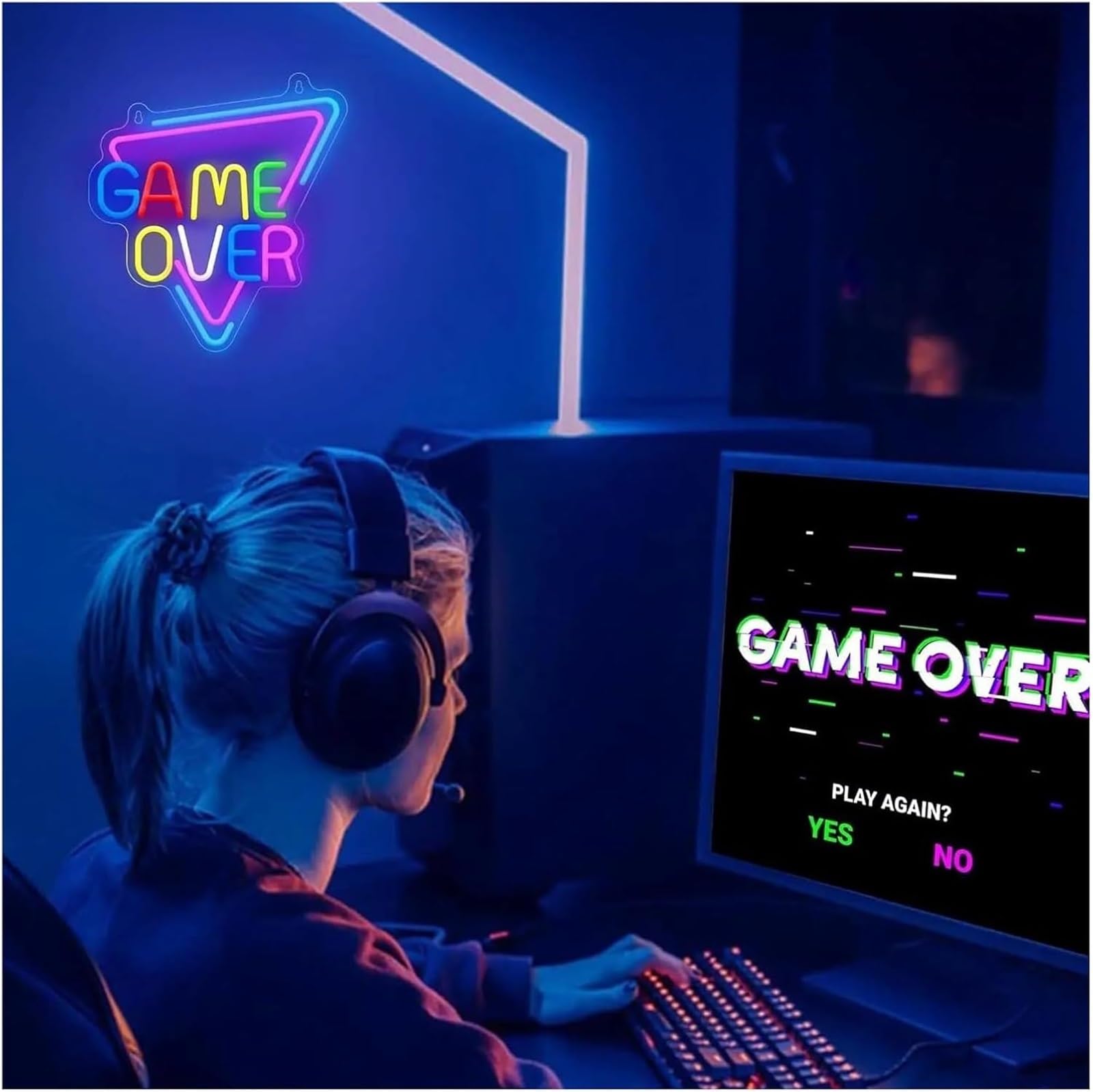 Letrero de neón LED "GAME OVER" para decoración pared sala juegos, 30 x 32,8 cm