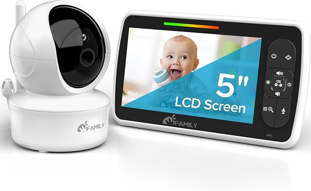 Moniteur de bébé iFamily - Grand écran de 5" avec 30 heures d'autonomie - panoramique-tilt-zoom à distance ; sans WiFi, audio bidirectionnel, vision nocturne, température, berceuses, moniteur de bébé avec caméra et audio à longue portée de 960 pi
