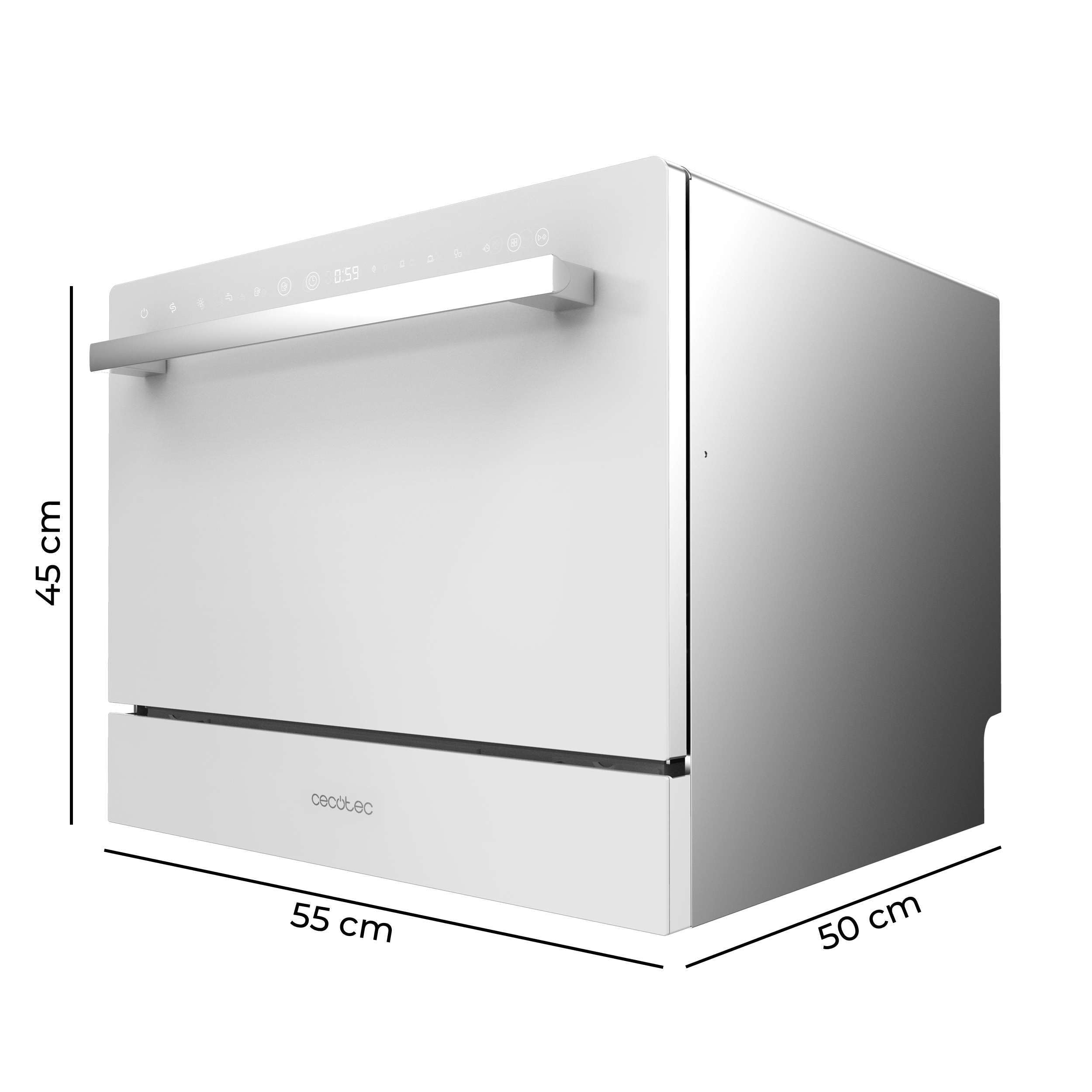Cecotec Lavavajillas Compacto 6 Cubiertos Bolero Aguazero 2400 White Glass. 1380W, Acabado Cristal Blanco, 5 Programas, Control Panel Táctil, Programable hasta 24h, Child Lock y Cesta para Cubiertos