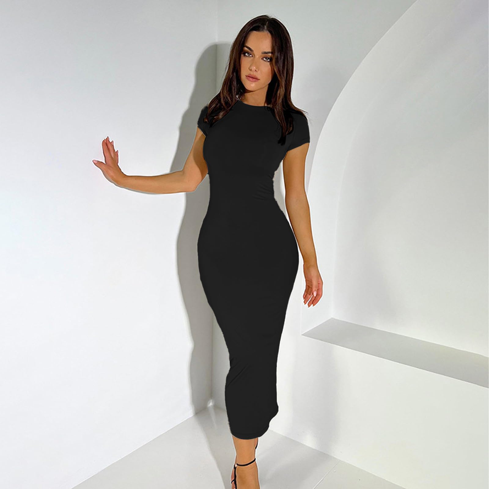 Robe Longue Femme Ete Manches Courtes Robes Maxi Sexy Moulante de Robe Cocktail Demoiselle d'honneur Mariage Fête Aniversaire