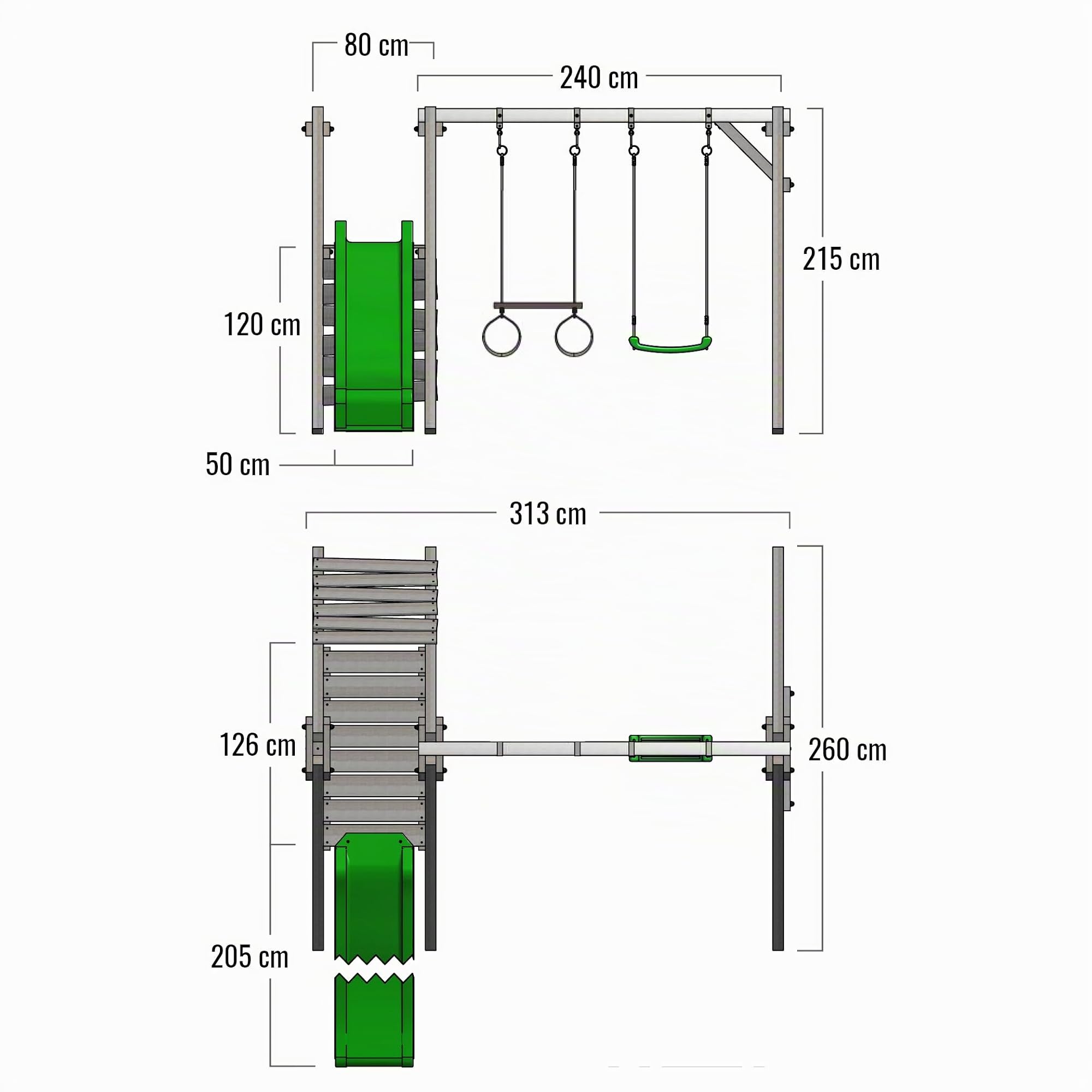 FATMOOSE Portique de Balançoire JollyJack - Double Avec Toboggan Vert Pomme et Annexe à Grimper, en Bois Pour Enfants Dans Le Jardin