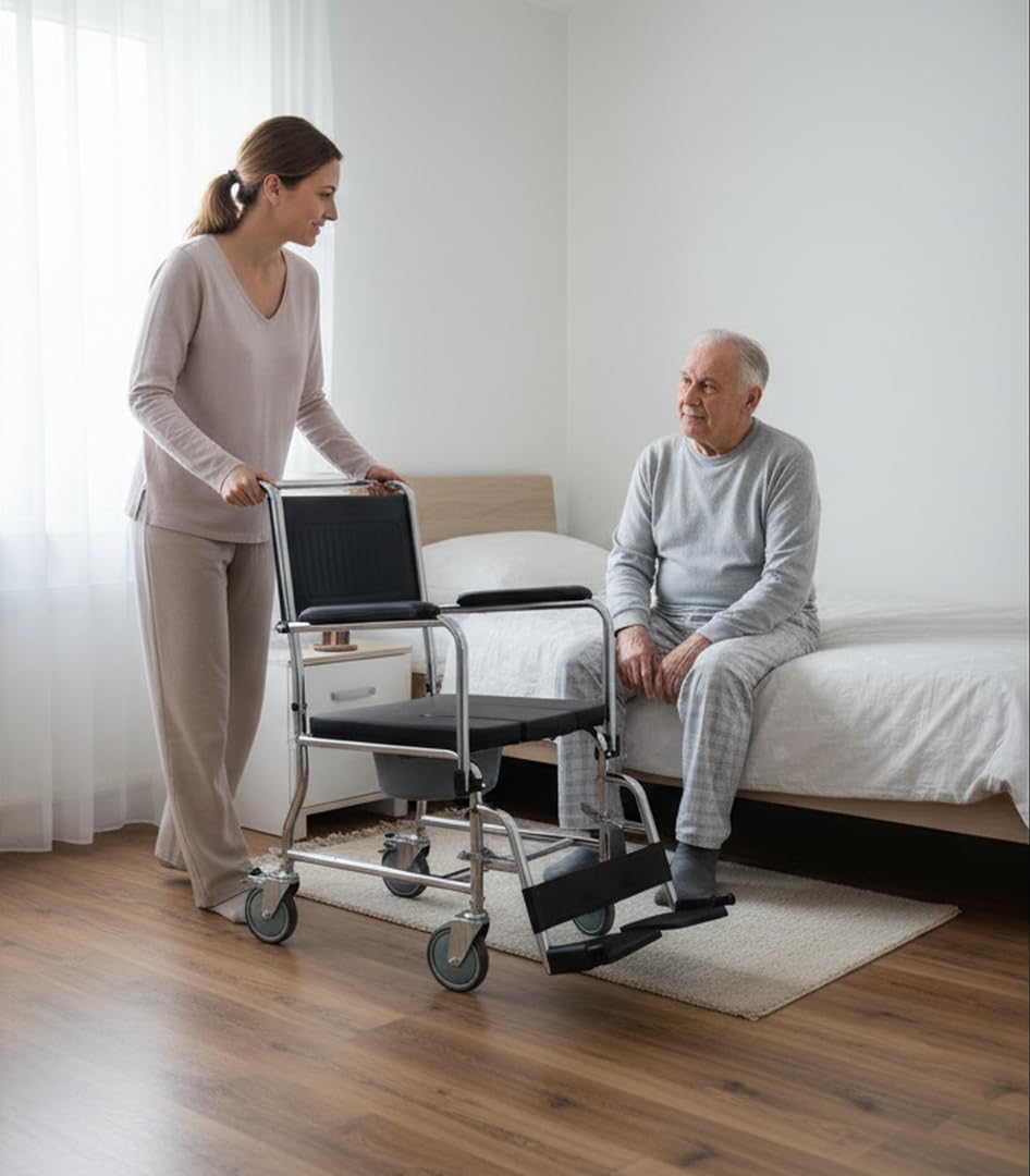 Ausilium Sedia Comoda WC per Disabili e Anziani con Incavo Frontale Igienico - Braccioli Ribaltabili, Pedane Estraibili e Regolabili - Telaio in Acciaio Robusto, Portata 100 kg, Seduta Imbottita