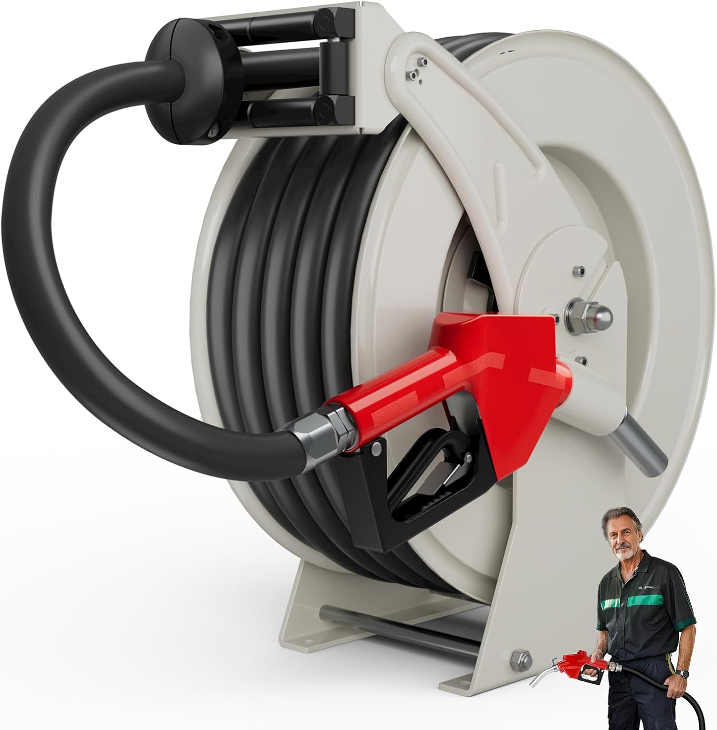 Diesel Fuel Hose Reel 3/4'' x 50ft with Fueling Nozzle, Fuel Hose Reel 300PSI Retractable Industrial Heavy Duty Swivel Steel Construction Reel for Ship Vehicle Tank Truck Trailer Cart