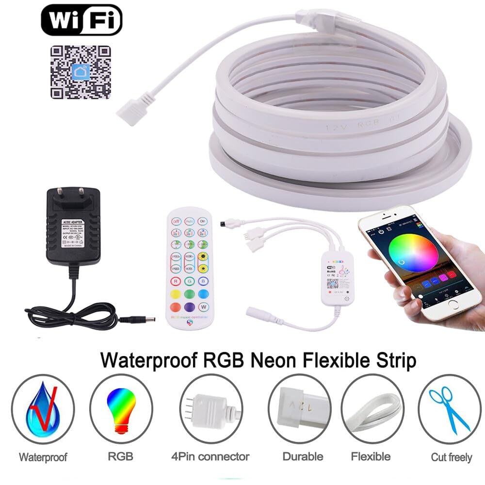 Striscia LED Neon RGB 12V, Striscia LED Flessibile Impermeabile IP65 con Controller IR Graffiti WIFI Music Sync, Adatta per Feste, Sala Giochi, Interni ed Esterni [5M]