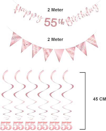 Miniatura 3 de BRT Bearingshui Kit de decoración de cumpleaños número 55, pancarta de feliz cumpleaños, bandera triangular, oro rosa