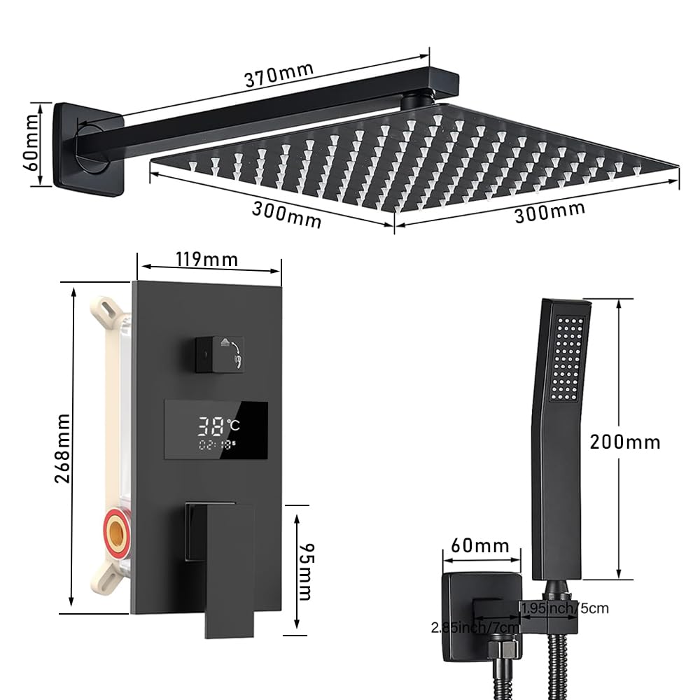 Duschsystem Schwarz Unterputz Duscharmatur Set inkl.30X30cm Kopfbrause, Duschsystem mit Temperatur LCD Display, Regendusche Schwarz, 200mm Handbrause, Messingkörper, 1.5m Brauseschlauch, 37cm Hoche