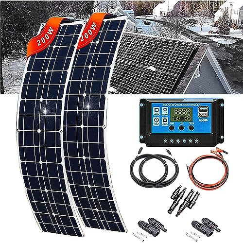 SXYKXYDL Panel Solar monocristalino de 400 W (18 V, 2 x 200 W), semiflexible (30°), Controlador de 40 A, fácil de Instalar y con protección integrada, para autocaravanas, Barcos y caravanas.