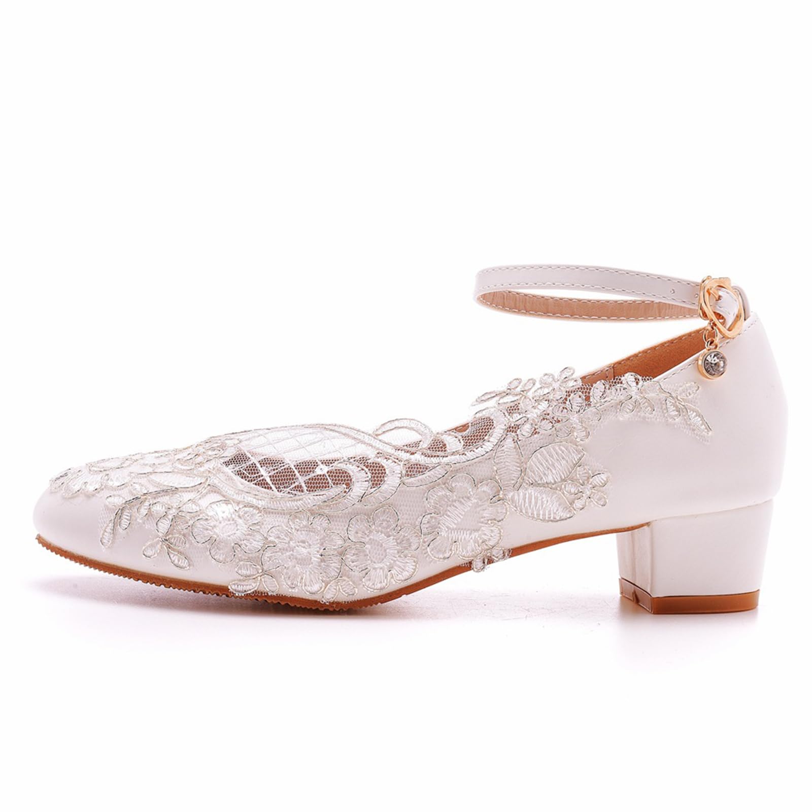 Damen Brautschuhe, 3 cm große Prinzessinnen-Pumps aus Netzstoff mit Spitzenblumen und runder Zehenpartie, Hochzeitsfeier, Geburtstag, Abend, Alltag, Büro, Brautsandalen