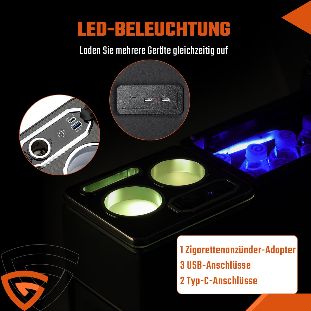 GEARMONSTER Mittelkonsole mit USB Aufladestation und Getränkehalter für VW T4 T5 T6 T6.1 T7 | 7-farbige Ambientebeleuchtung, Schwarzes Kunstleder mit Chrom-Zierleisten, Zigarettenanzünder, Praktischer Taschentuchhalter