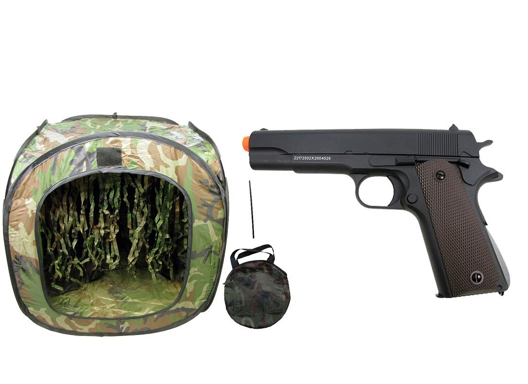 GE / JG Full Metal 1911 Spring Powered Airsoft Pistol with Portable Airsoft BB Trap Target Tent Package (Black)