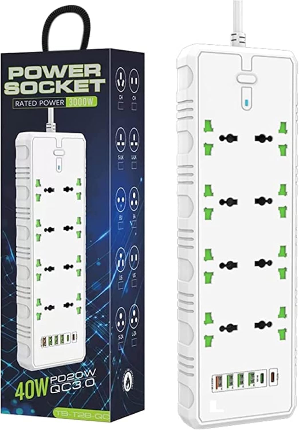 MuHadJiya Power Strips Extension Cord with 8 Universal Outlet and 6 USB Charging Ports Surge Protector, Universal Charging Socket, with Heavy Duty Extension Lead 2M/6.6 ft(UK Power Plug)