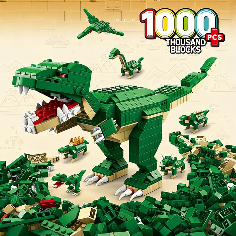 Image of SKY LINE OCEAN Dinosaur Building Blocks Set - 1000+ PCS Large Green T-Rex Construction Toy, STEM Creative Bricks Kit for Kids & Adults, Educational DIY Model Gift for Ages 6+