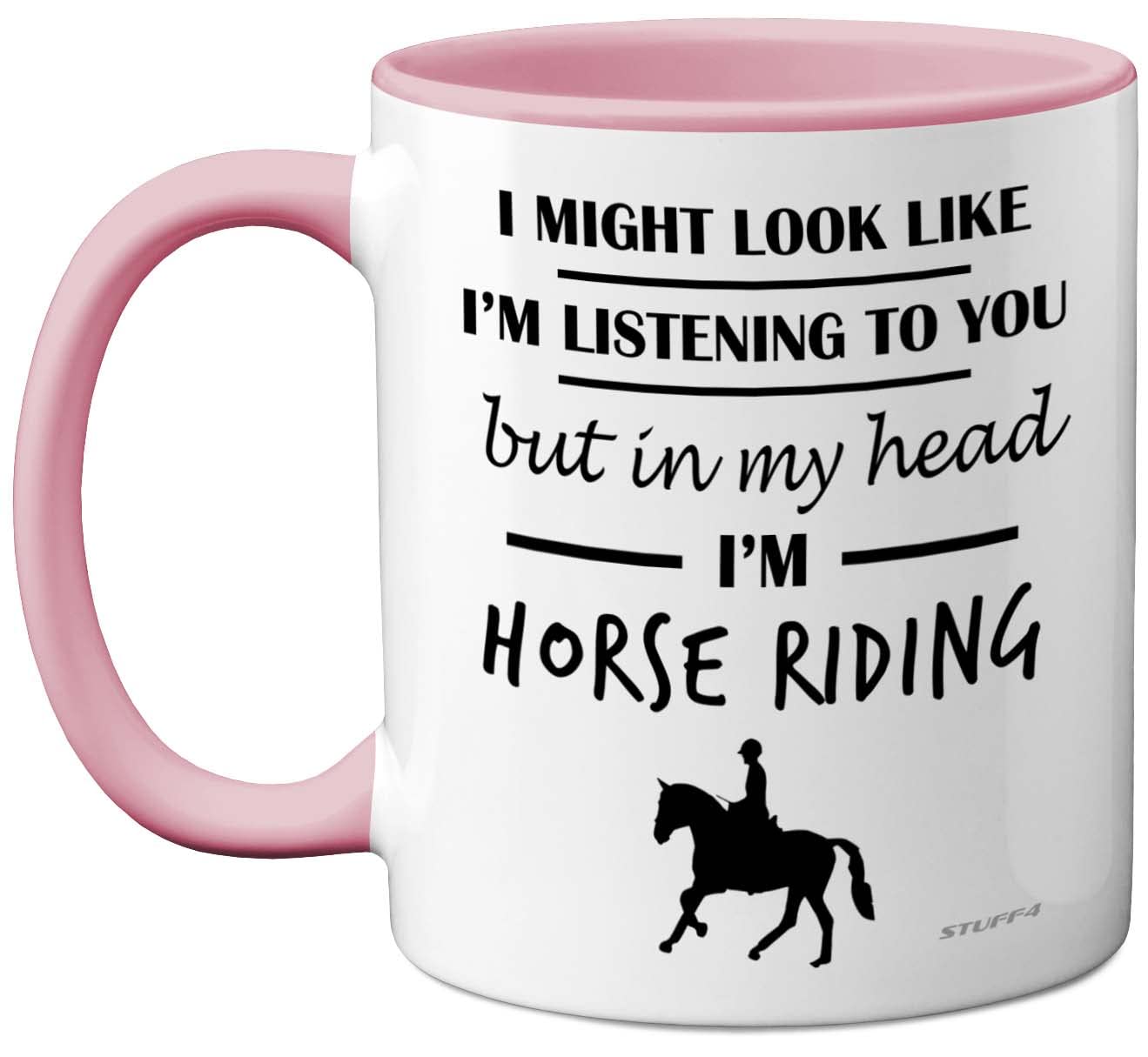 Stuff4 Horse Gifts for Women Men - in My Head I'm Horse Riding - Riding Gifts for Lovers, Mugs Girls, Rider 11oz Ceramic Dishwasher Safe Pink Handle Mugs Cup