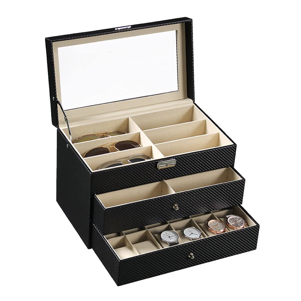 Scatola per orologi, 24 scomparti a 3 ripiani, in pelle PU, per riporre orologi, occhiali da sole, gioielli, con cassetto in fibra di carbonio (12 pezzi)