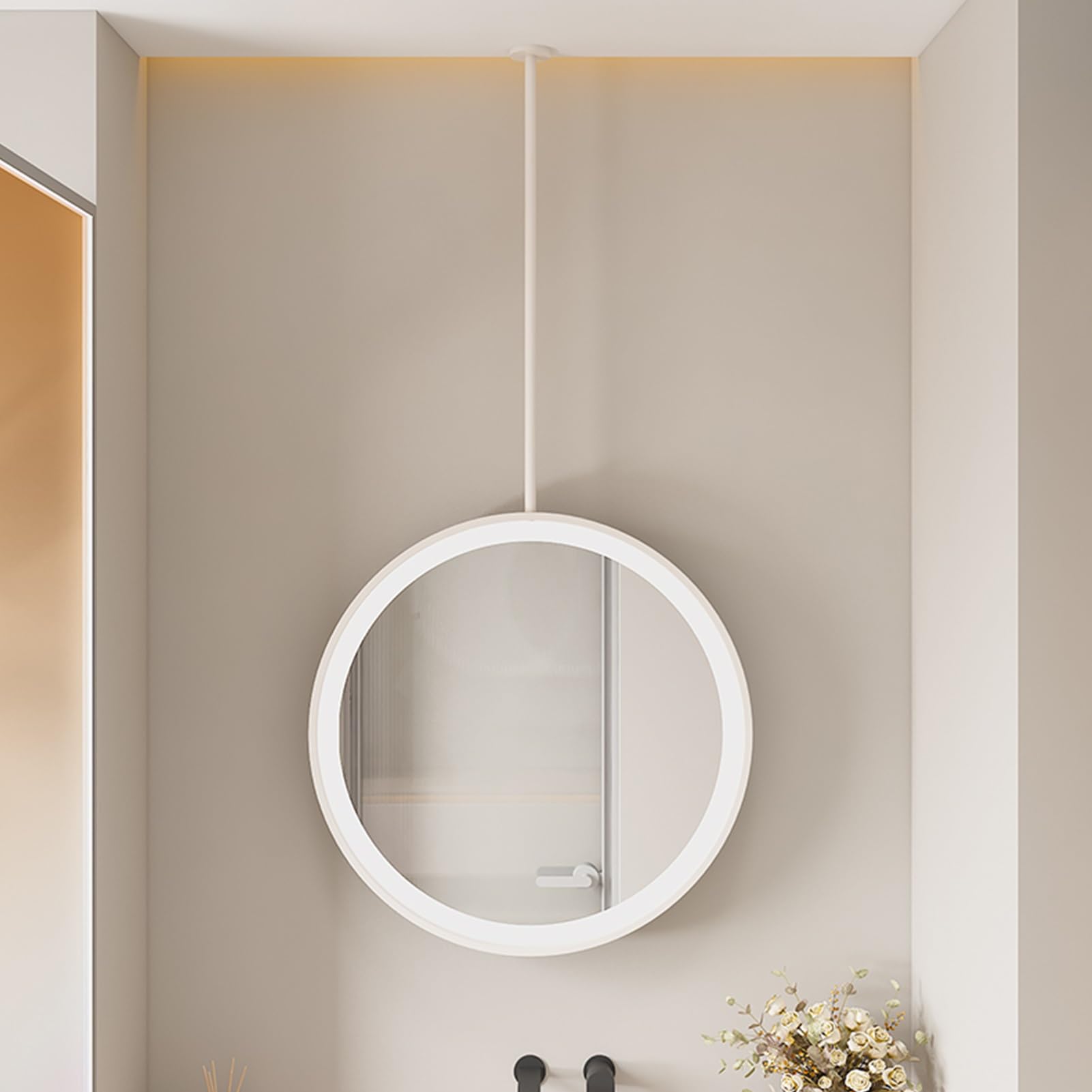 SXFSDOU LED Ceiling Hanging Mirror, Round Metal Frame Decorative Mirrors for Bathroom Entrance Cloakroom, Floating Vanity Mounted Mirror with Lights - White(Diameter-50CM/19.7INCH)
