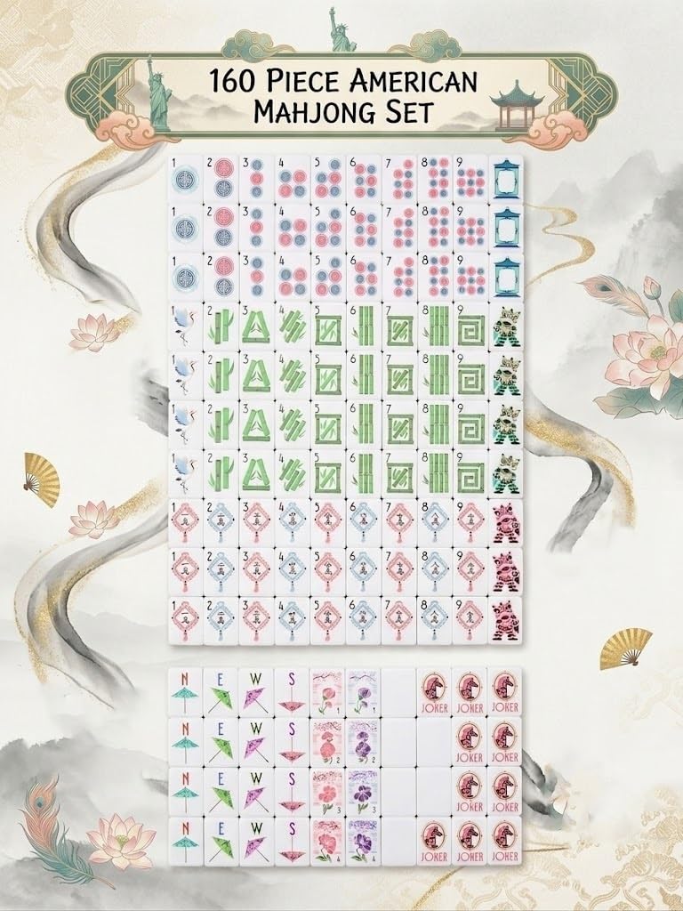 Jeu de tuiles de Mahjong américain, 160 tuiles gravées