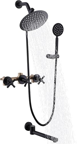 Juego de grifo de ducha de 2 asas, cabezal de ducha de lluvia con ducha de mano, sistema de ducha doble 2 en 1, montaje en pared, negro mate