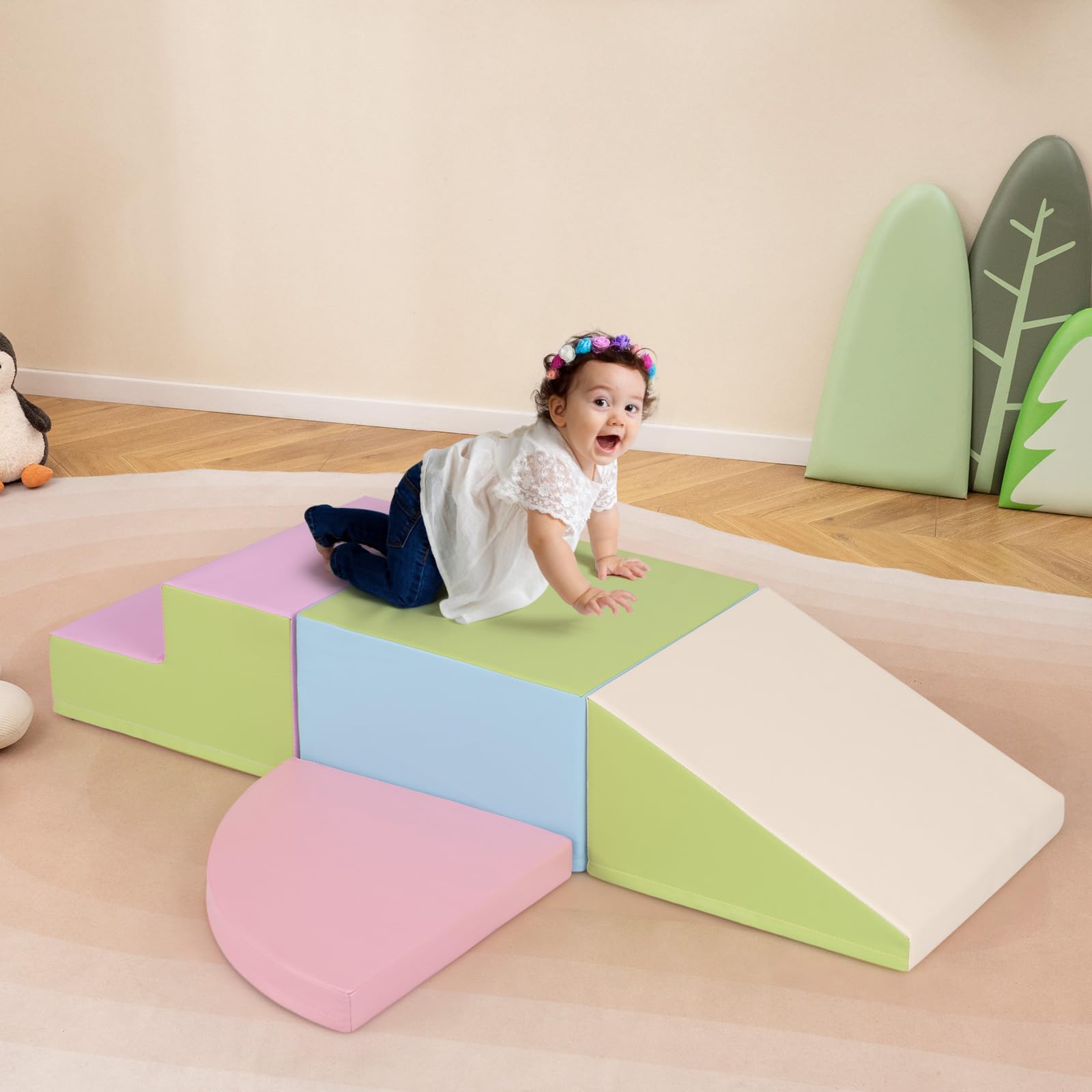 COSTWAY 4PCS Parcours Motricité Bébé en Mousse EPE avec Housse en PU, Module Motricité Bébé avec Toboggan & Différentes Formes, Jouets Éducatifs Colorée pour Ramper pour Enfants d'Âge Préscolaire