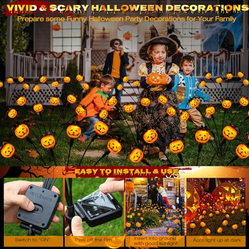 Weepong Halloween Decorations Outdoor 4 Pack Solar Lights, 24 LED Scary Pumpkin Swaying Firefly Lights with Spider & Bats for Outside Garden Yard Lawn Grave Cemetery Ghost Decor Party, Orange - image 7
