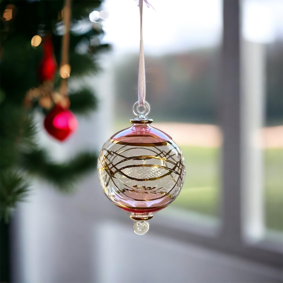 Engraved Pink and Clear Glass Christmas Ornament for Christmas Tree Decorations | Hanging Ornaments for Tree Decorations | Christmas Decor for Home | Ornaments for Summer Decoration | Egyptian Glass - Image 2