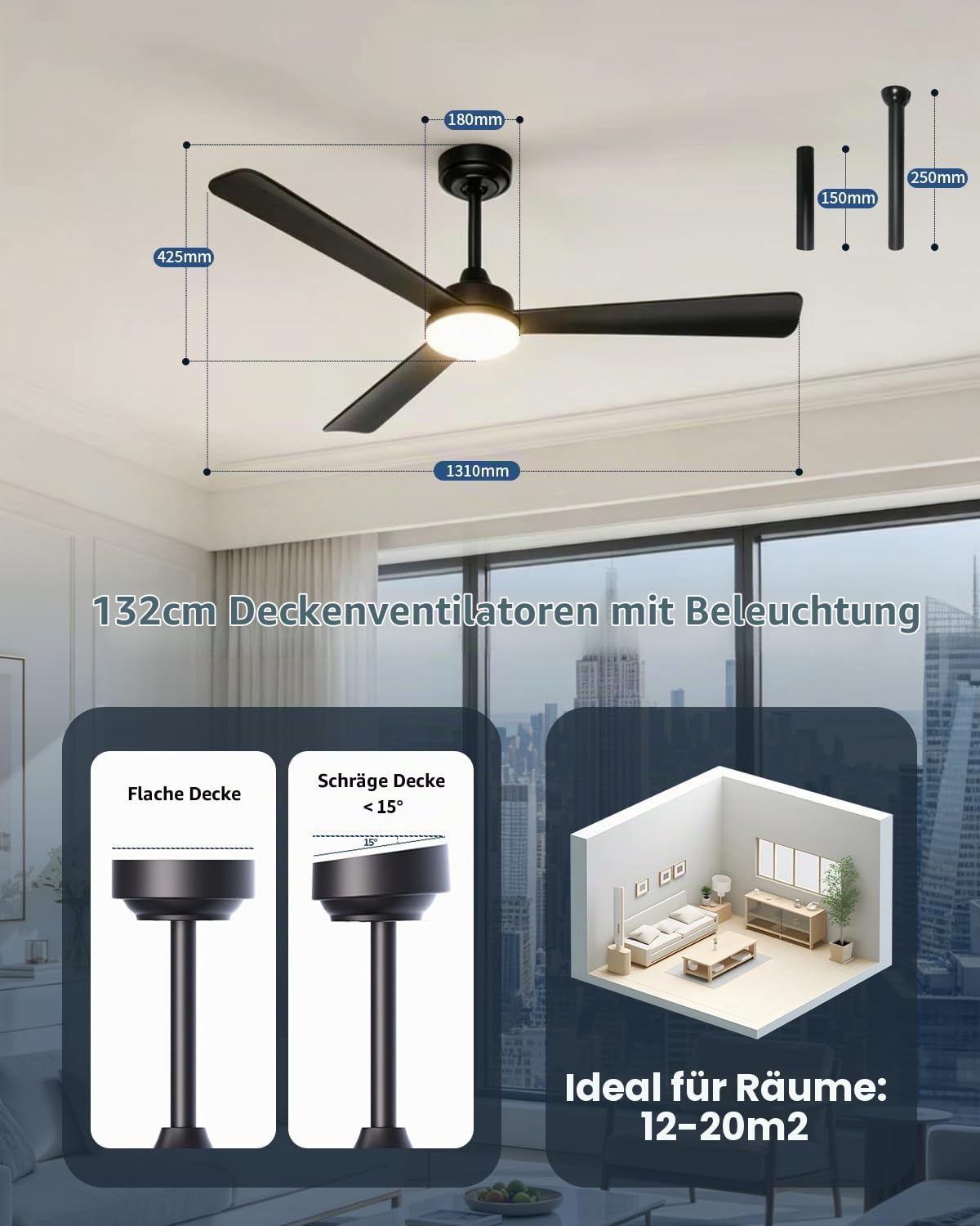 Deckenventilator mit Beleuchtung und Fernbedienung, 132 cm/52 Zoll, 3 Flügeln, Timer, 3 Farbtemperatur, 6 Geschwindigkeiten, Umkehrbar DC Motor, für Schlafzimmer Wohnzimmer